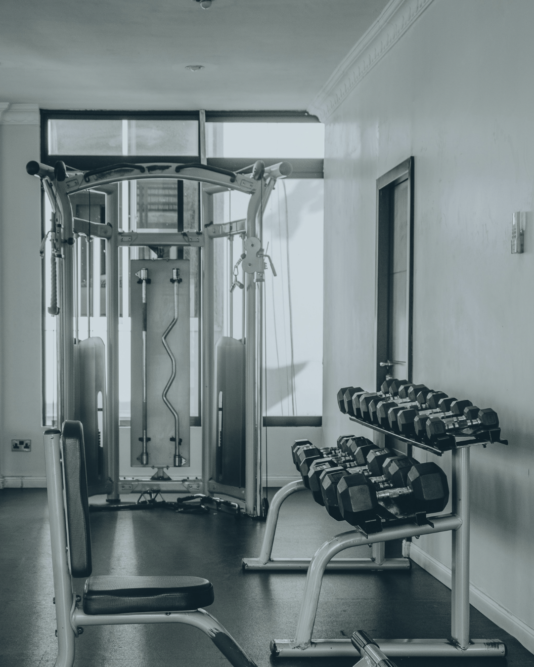 Home gym with exercise equipment including a weight rack and cable machine.