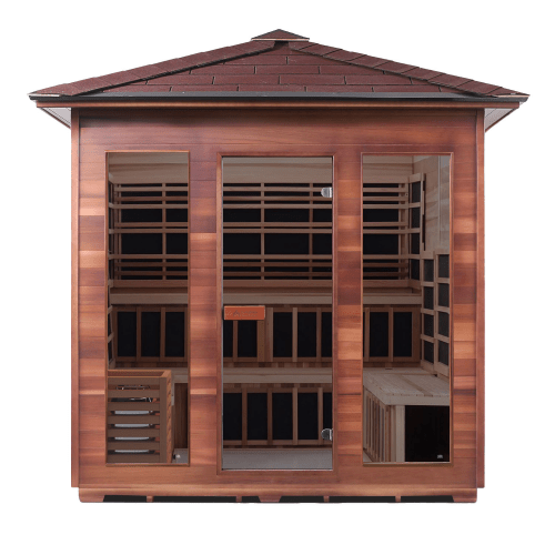 Iron Zone Gyms 2-Person Hybrid Outdoor Sauna (Peak Roof, Cedar) Tags (bullet points): 8 Peak Diamond 8 Slope/Peak