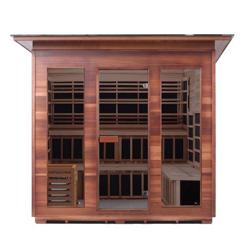 Iron Zone Gyms 2-Person Hybrid Outdoor Sauna (Peak Roof, Cedar) Tags (bullet points): 8 Slope Diamond 8 Slope/Peak
