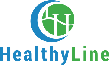 Logo of HealthyLine with green and blue colors on a green background