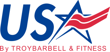 Logo of USA by Troy Barbell & Fitness with blue and red design on a green background