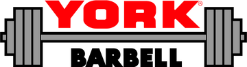 Logo of York Barbell with red text and barbell icon on a green background
