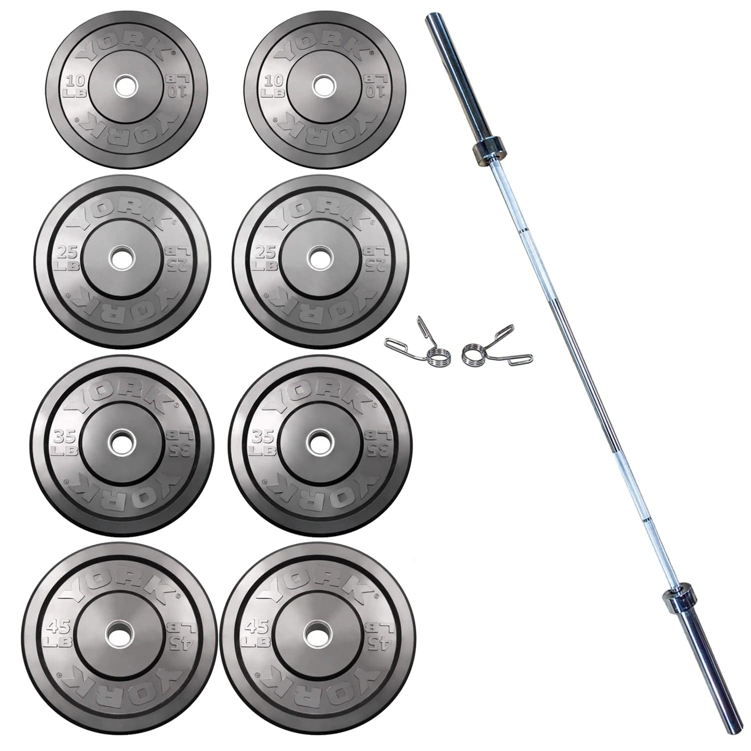 York Olympic Weight Plate 275 lb Set Rubber Bumper Plate Set with Olympic Bar