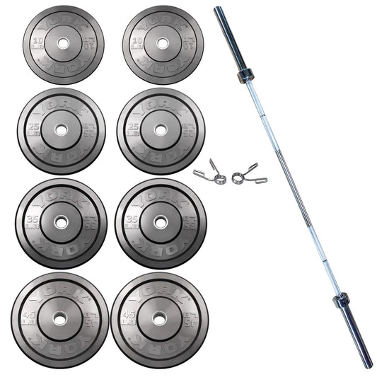 York Olympic Weight Plate 275 lb Set Rubber Bumper Plate Set with Olympic Bar