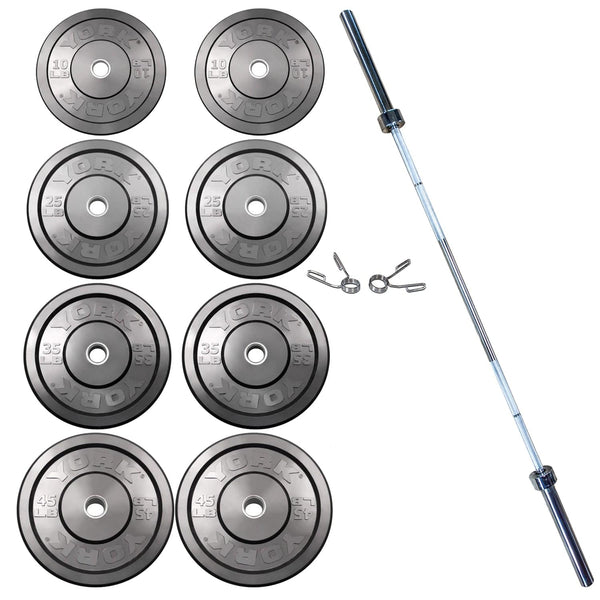 York Olympic Weight Plate 275 lb Set Rubber Bumper Plate Set with Olympic Bar